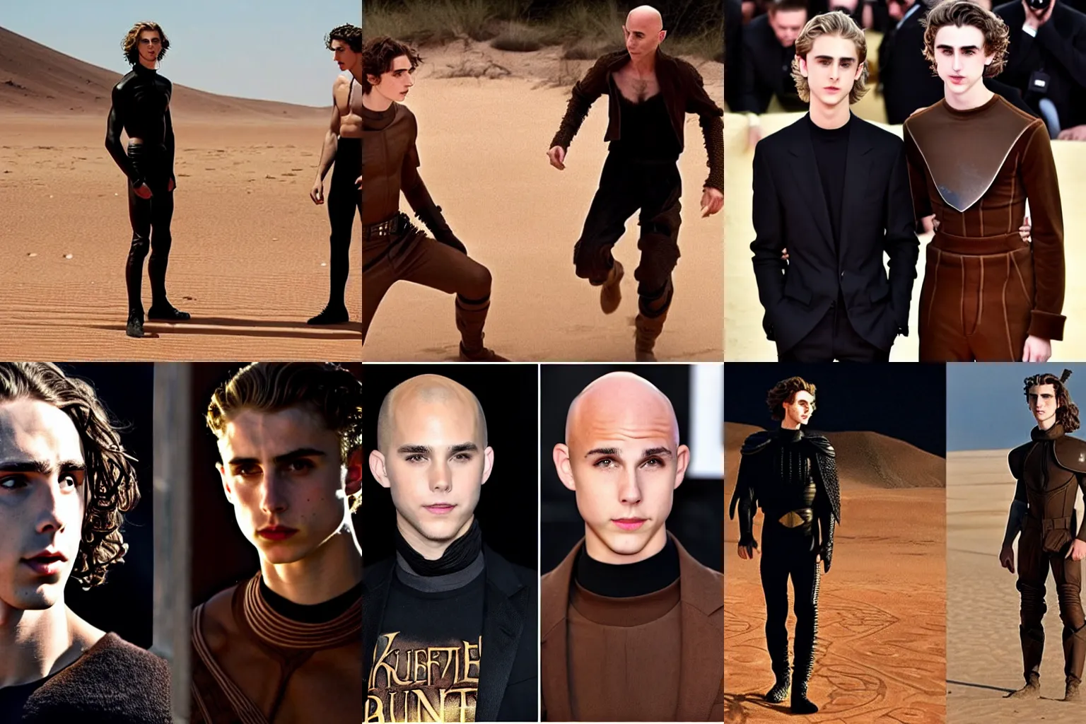 Prompt: knife-fight between bald_hairless_Austin_Butler-dressed-in-black versus Timothee_Chalamet_dressed-in-brown-felt, on a mosaic floor, Frank Herbert\'s Dune, detailed faces