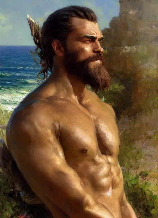 Image similar to detailed cinematic wide shot of muscular attractive young aztecc man beard slim face symmetrical face tanskin green eyes white hair wearing sea clothes, ultra realistic, spring light, painting by gaston bussiere, craig mullins, j. c. leyendecker