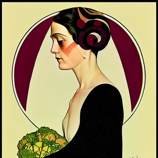 Prompt: Art in the style of Coles Phillips, Gaia, Mother Earth, side portrait, Mucha, Georgia O'Keeffe