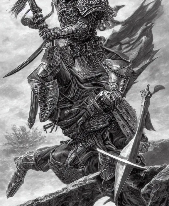 Image similar to battle - worn warrior with legendary sword, fantasy, man, cool armour, intricate, highly detailed, digital painting, artstation, concept art, wallpaper, smooth, sharp focus, illustration, art by larry elmore, jeff easley, clyde waldwell, keith parkinson, daniel r horne