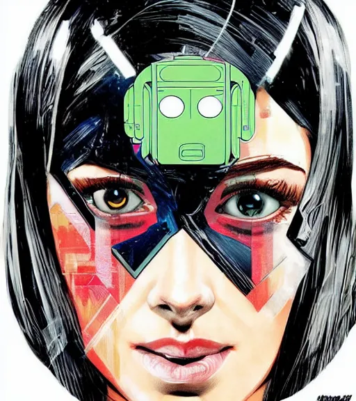 Prompt: collage portrait of a female android, by MARVEL comics and Sandra Chevrier