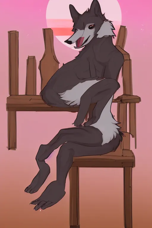 Image similar to anthropomorphic wolf fursona sitting in a chair at home lit by the sunset, furry art, trending on artstation, digital art, kawacy, trending on furaffinity