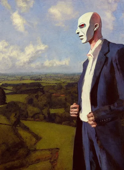 Prompt: upper body portrait of blue-faced nosferatu in a suit, english countryside in the background, sunny day, by dean cornwell