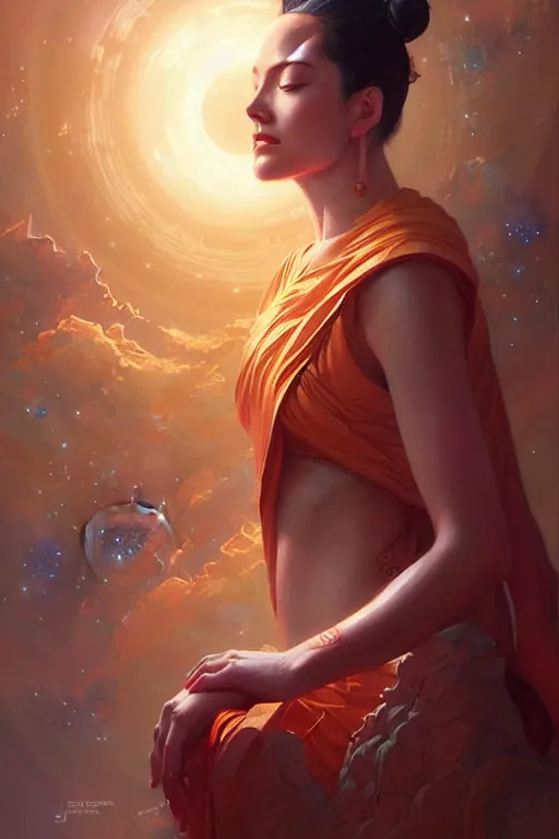 Prompt: space, temple, buddhism, taoism, painting by greg rutkowski, j. c. leyendecker, artgerm