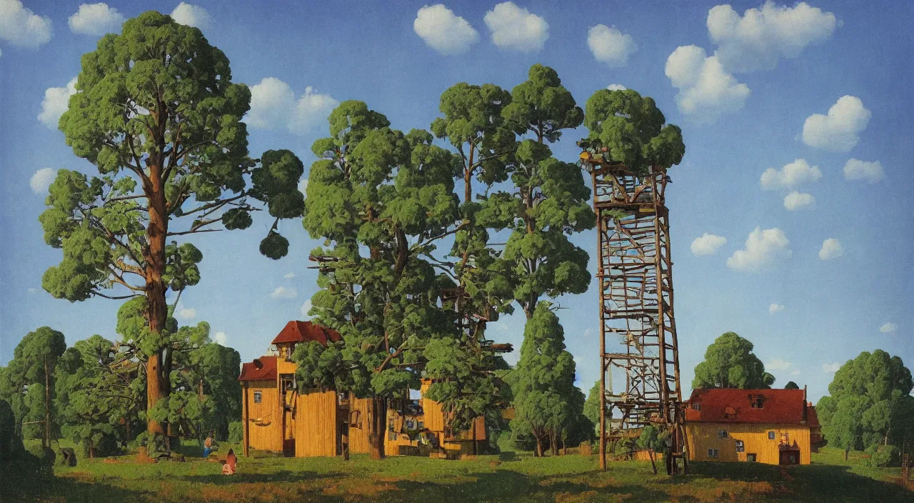 Image similar to single flooded simple wooden square tree tower!, very coherent and colorful high contrast!! masterpiece by rene magritte simon stalenhag carl spitzweg syd mead norman rockwell edward hopper james gilleard, minimalist, dark shadows, sunny day, hard lighting
