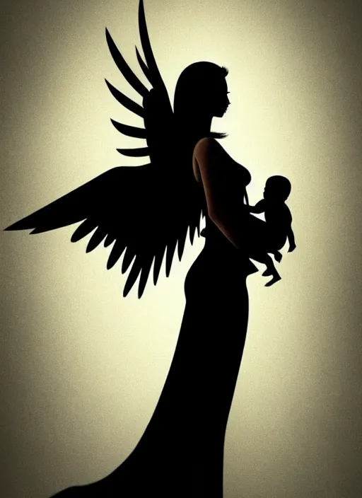 Image similar to silhouette of beautiful woman with wings holding her baby, latina, rule of thirds, haze, intricate, anime, symmetrical!!, makeup, loreal, maybelline, trending on artstation, art by greg rutkowski, filmic, vsco, concept art, artstation, digital painting, elegant, model