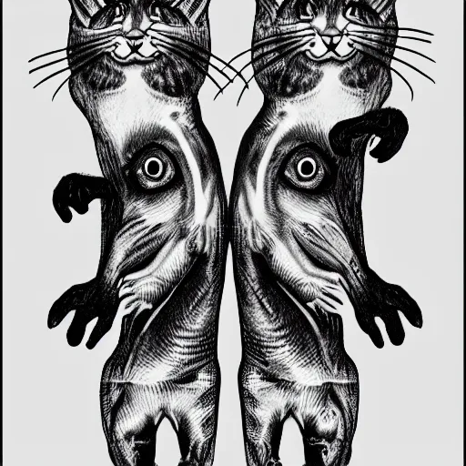 Image similar to black and white illustration creative design, two headed cat, body horror