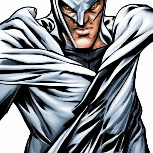 Prompt: white cloaked superhero with a white ghost mask no mouth, and a noose knot around his hyperdetailed, realistic, high - resolution illustration that slightly looks like a comic character - n 6