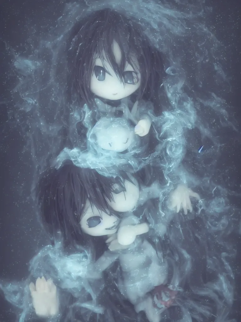 Prompt: cute fumo plush of a cursed frail witch girl held tight in the arms of a translucent ghost mother, hugging and cradling, anime, melting volumetric smoke and fog, environment map pbr reflective stormy water, gothic maiden, bokeh, vignette, vray