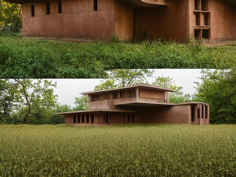 Prompt: hyperrealism design by frank lloyd wright and kenzo tange photography of beautiful detailed small house with many details in small detailed ukrainian village designed by taras shevchenko and wes anderson and caravaggio, wheat field behind the house, around the forest volumetric natural light