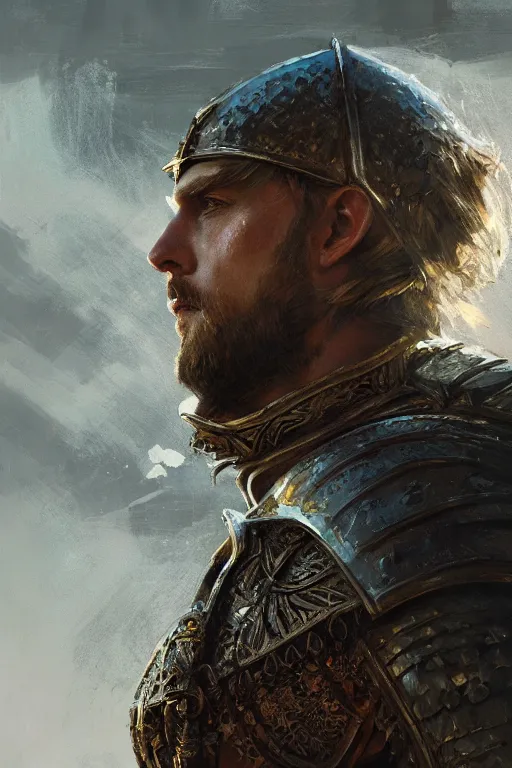 Image similar to king arthur's knight, close-up portrait, powerfull, intricate, elegant, volumetric lighting, scenery, digital painting, highly detailed, artstation, sharp focus, illustration, concept art, ruan jia, steve mccurry