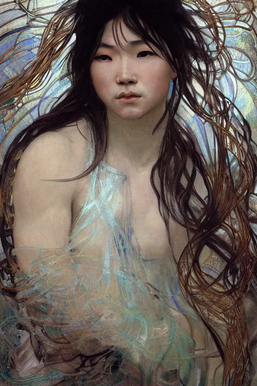 Image similar to hyperrealist portrait of an attractive angelic asian man, it is decorated with long wires that fall like vines and wears small computers over their body. by jeremy mann and alphonse mucha, fantasy art, photo realistic, dynamic lighting, artstation, poster, volumetric lighting, very detailed faces, 4 k, award winning