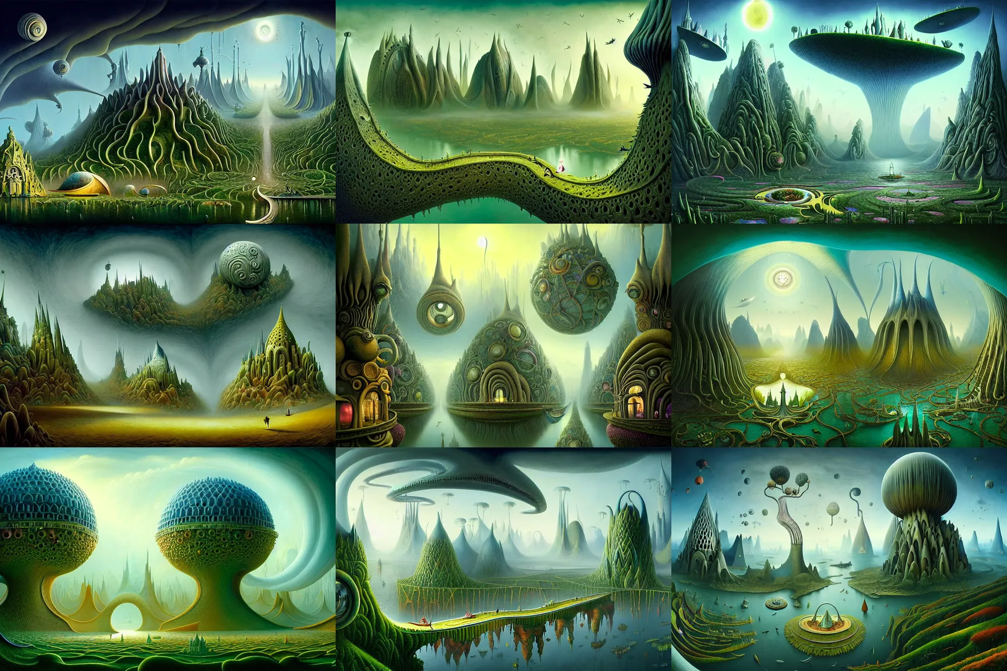 Prompt: a beguiling and insanely detailed matte painting of alien dream worlds with surreal architecture designed by Heironymous Bosch, mega structures inspired by Heironymous Bosch's Garden of Earthly Delights, vast surreal landscape and horizon by Cyril Rolando and Andrew Ferez and Tyler Edlin, masterpiece!!, grand!, imaginative!!!, whimsical!!, epic scale, intricate details, sense of awe, elite, wonder, insanely complex, masterful composition, sharp focus, fantasy realism, dramatic lighting, hyperrealistic