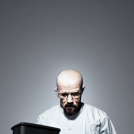 Prompt: walter white pushing a large grey cube in a large empty white room