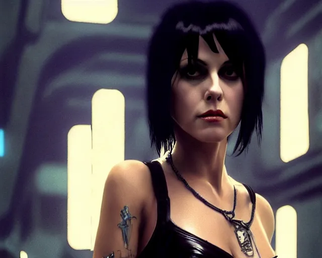 Image similar to a 4 k cinematic screenshot still portrait of joan jett in bladerunner, deep focus, d & d, fantasy, intricate, elegant, highly detailed, digital painting, artstation, concept art, matte, sharp focus, illustration, dark fantasy style art, hearthstone, art by artgerm and greg rutkowski and alphonse mucha