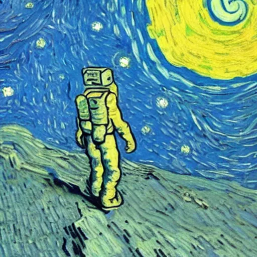 Prompt: “ mysterious being walking on the moon, van gogh style painting ”