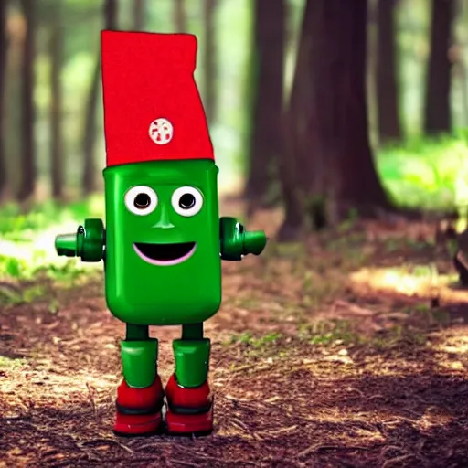 Image similar to cute smiling robot with tomato hat, trekking in a forest, pixar style