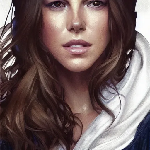 Prompt: ultra realistic illustration, a kate beckinsale in a white hood, with brown hair, with blue eyes, intricate, elegant, highly detailed, digital painting, artstation, concept art, smooth, sharp focus, illustration, art by artgerm and greg rutkowski and alphonse mucha