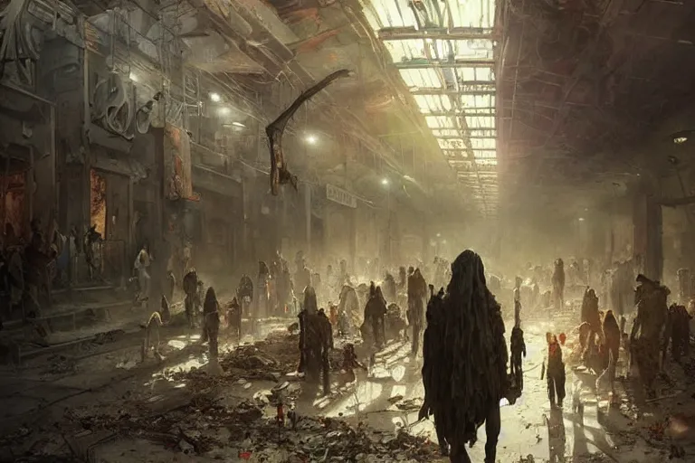 Prompt: painting of zombie apocalypse in subway, ultra realistic, concept art, intricate details, eerie, highly detailed, photorealistic, octane render, 8 k, unreal engine. art by artgerm and greg rutkowski and alphonse mucha