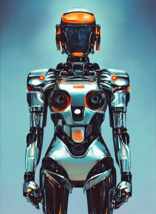 Image similar to ( ( symmetry ) ) closeup portrait of a chrome mech cyborg android stunning girl, racer jumpsuit with shoulder pads, cinematic light, teal orange, viscous volumetric smoke, mist, by gerald brom, by mikhail vrubel, by peter elson, muted colors, extreme detail, trending on artstation, 8 k