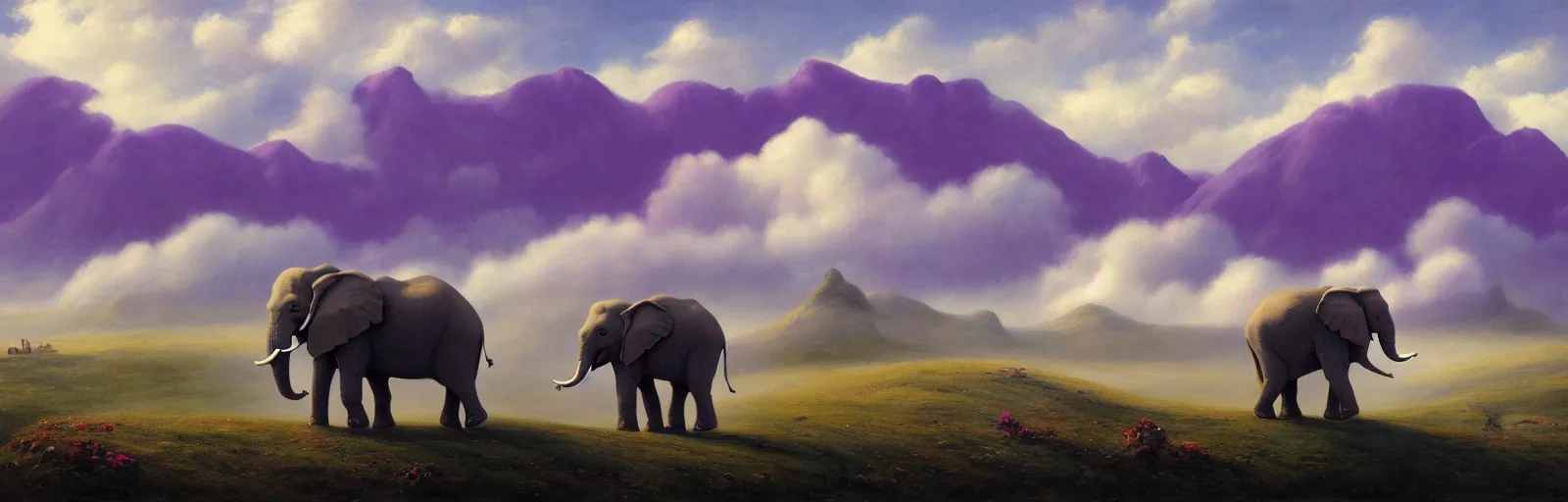 Prompt: A purple elephant standing in a field of clouds, mountains in the background, illustration, detailed, smooth, soft, warm, by Adolf Lachman, Shaun Tan, Surrealism