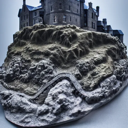 Prompt: sculpture of Edinburgh castle on a seamount deep underwater, hyper realistic, very very detailed, moody lighting, from zenith, Canon 5d, 8k