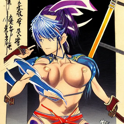 Image similar to raiden shogun of genshin impact wearing bikini and draw her sword between her chest, high quality official art