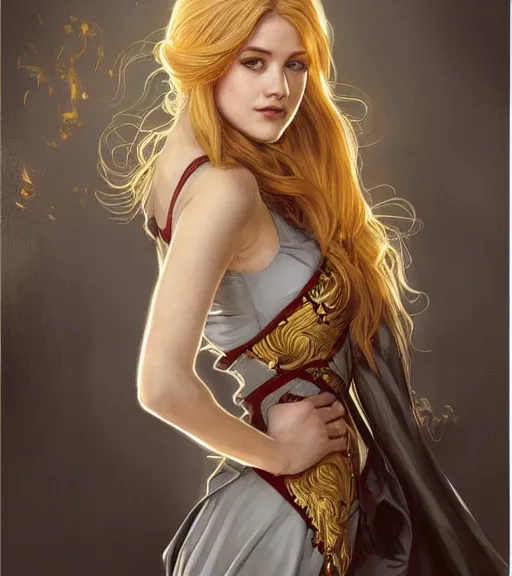 Image similar to katherine mcnamara wearing a golden dress, grey hair, red necktie, cinematic, stunning, highly detailed, digital painting, artstation, smooth, hard focus, full body shot, illustration, art by artgerm and greg rutkowski and alphonse mucha