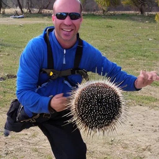 Image similar to parachuting man holding a porcupine