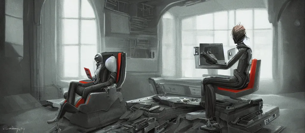 Image similar to human sitting in a chair to get upload by a scan machine to a computer, uploaded, scifi machine, very detailed, award winner on deviantart by geg rutkowski, by madgwick