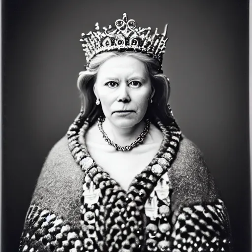 Prompt: portrait photograph of a very beautiful Scandinavian queen with ornate cloak, bokeh, graflex camera, marcro 15mm