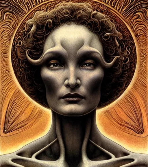 Image similar to detailed realistic beautiful young alien robot jessica lange as queen of mars face portrait by jean delville, gustave dore and marco mazzoni, art nouveau, symbolist, visionary, gothic, pre - raphaelite. horizontal symmetry by zdzisław beksinski, iris van herpen, raymond swanland and alphonse mucha. highly detailed, hyper - real, beautiful