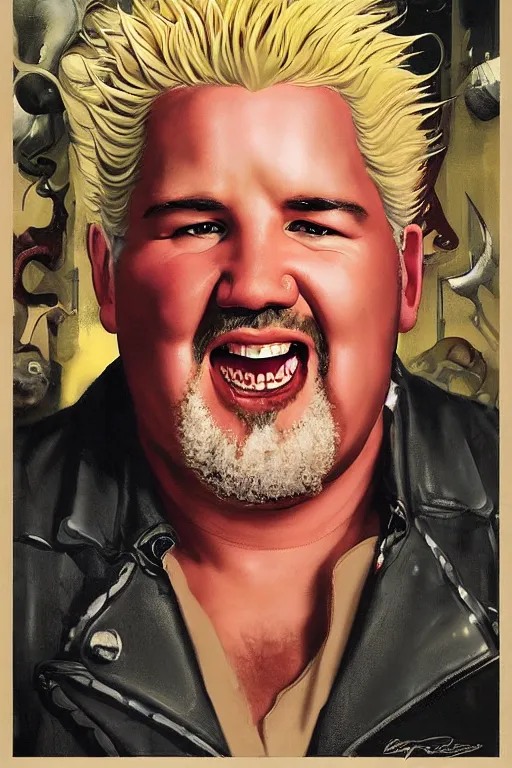 Image similar to centered beautiful detailed front view portrait of guy fieri with ornate burgers growing around, ornamentation, burgers, elegant, beautifully soft lit, by'phil hale '!!'leyendecker '!!! wayne barlowe, peter mohrbacher, kelly mckernan,