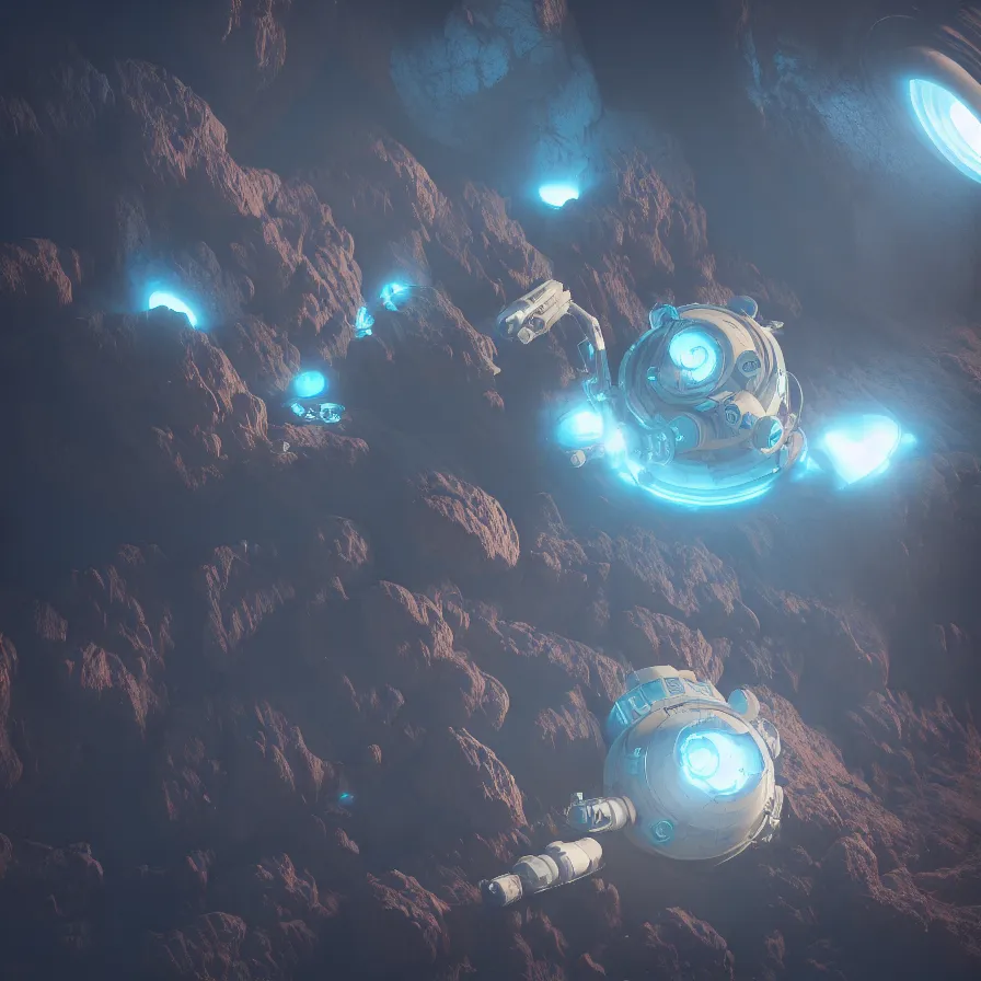 Image similar to sci - fi mining device hooked to a planet's surface, volumetric light, dynamic lights and shadows, concept art, octane, redshift, detailed