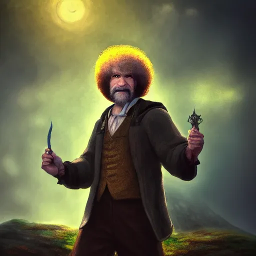 Image similar to a portrait of a Bob Ross as a Arch Mage ,Grim fantasy, D&D, HDR, natural light, shoulder level shot, dynamic pose, award winning photograph, Mucha style 4k,