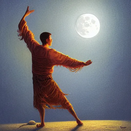 Image similar to a shaman dancing with light, highly detailed moon fills the background, by Christope Vacher