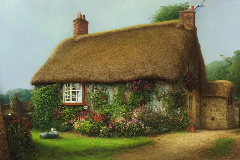 Prompt: A quaint cottage in an English village, merry england, oil on canvas, 4k, detailed, in the style of John Howe