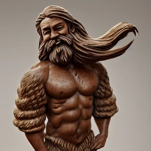 Prompt: a flawless, purely wood sculpture of a man with long hair, with trimmed beard, smiling widely. wood statue, extremely detailed, award-winning art, trending on Artstation