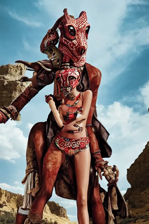 Image similar to dolce & gabbana campaign featuring jar jar binks as a female cowgirl, long eyeslashes, huge juicy lips, big seductive eyes, shot by mario testino, realistic vfx simulation