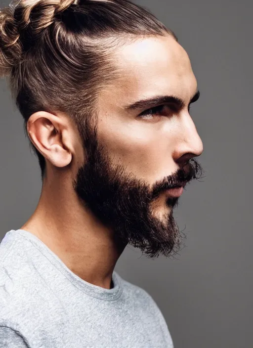 Image similar to a skinny young white male with a dark brown man bun for hair