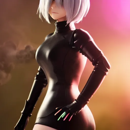 Image similar to photo of 2B nier automata wearing skintight clothes, bokeh, medium full shot, highly detailed skin and detailed face, flares, multicolor smoke