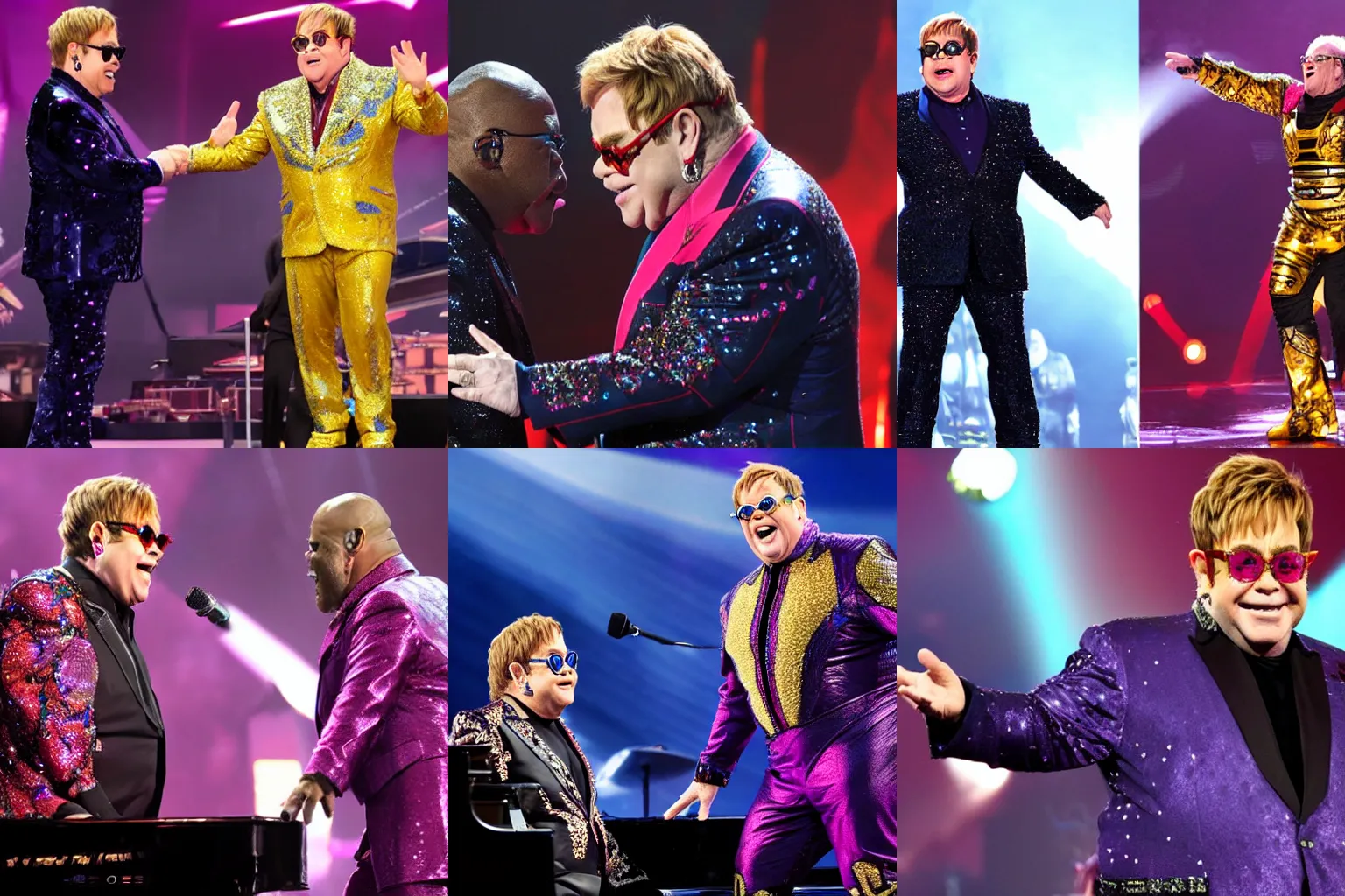 Prompt: Elton John sings with Thanos from the MCU onstage, live concert, photograph