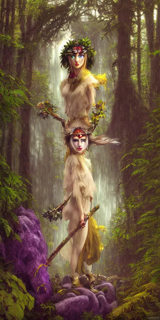 Image similar to hyper realistic Princess Mononoke in her mask, lush rainy forest landscape, wolves, magic, castle, jewels, style of tom bagshaw, mucha, james gurney, norman rockwell, gems and gold, waterfalls, denoised, sharp, yellow purple colours,