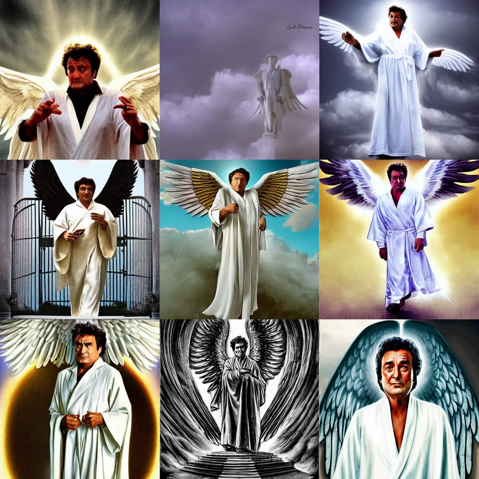 Image similar to columbo as an angel, white robes, wings, symmetrical face!!!!, round symmetrical eyes!!!, heaven!!!!!!!!, gold gates of heaven!!!!!!!!, clouds on ground!!!!!, fog!!!,, color, hdr