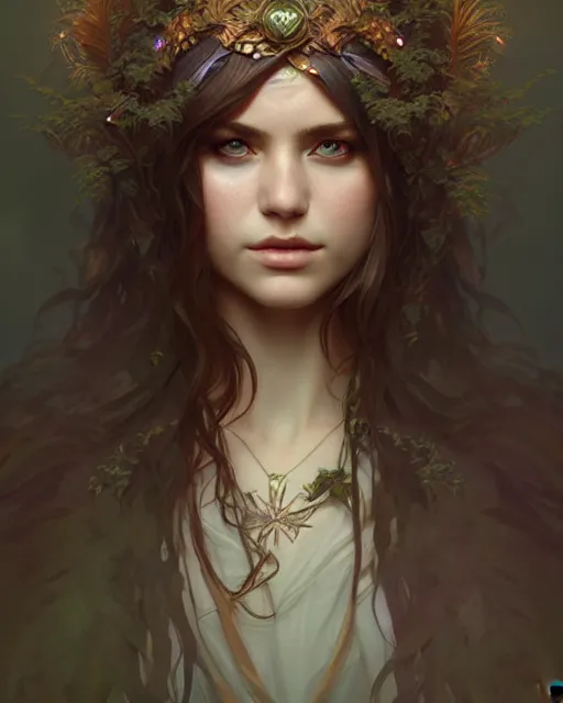 Image similar to beautiful female druid, portrait, fantasy, young, perfect eyes, detailed, sketch, intricate, leaves and simple cloth, dynamic lighting, digital art, digital painting, artstation, wlop, sharp focus, illustration, art by artgerm and greg rutkowski and alphonse mucha, 8 k