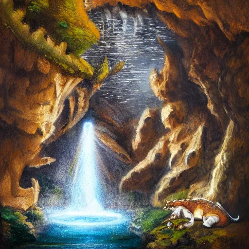 Image similar to oil painting of a dragon flying in the air near a cave with a waterfall in the center, light emanating from the waterfall leading to a big pool of water, dragon has black and white siberian tiger stripes, elegant, sharp focus, wide shot, clear, detailed, early renaissance