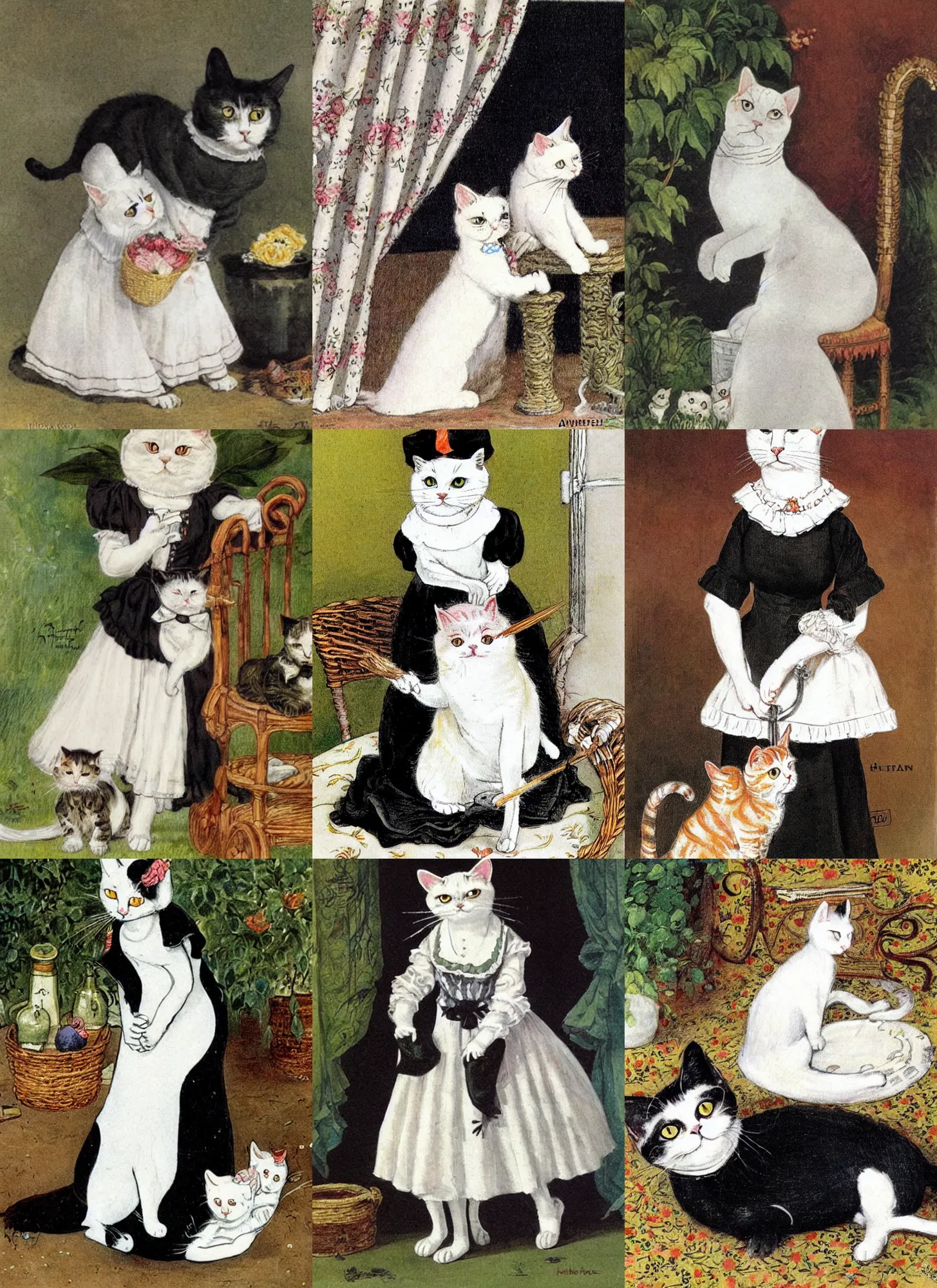 Prompt: a white cat wearing a black maid outfit, illustration by henriette ronner - knip and louis wain