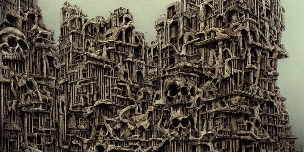 Image similar to a gigantic city where buildings are built out of skulls and bones, fleshy structures, surreal painting by hr giger and beksinski