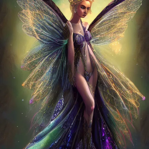 Image similar to detailed portrait of a fairy queen with wings wearing a silk robe, pixie, iris, realism, emerald, galaxy, sapphire,blonde hair going down to the floor, moonlit, , dark fantasy, detailed, magical, fairy, elf, dramatic lighting, cgsociety, artstation