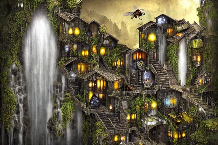 Image similar to gothic escher waterfall favela honeybee hive, subconscious environment, industrial factory, award winning art, epic dreamlike fantasy landscape, ultra realistic,